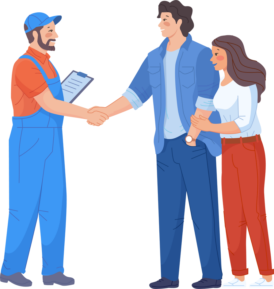 Mover shaking hand with couple. House moving service